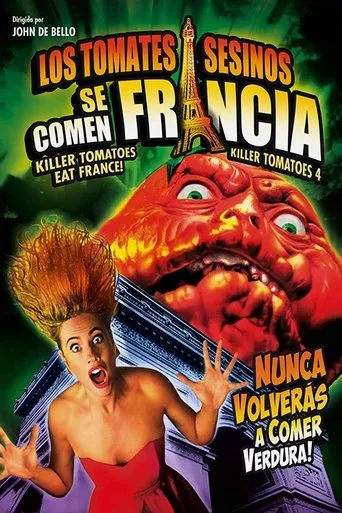 Póster de Los tomates asesinos se comen Francia (1992) con John Astin como Prof. Mortimer Gangreen